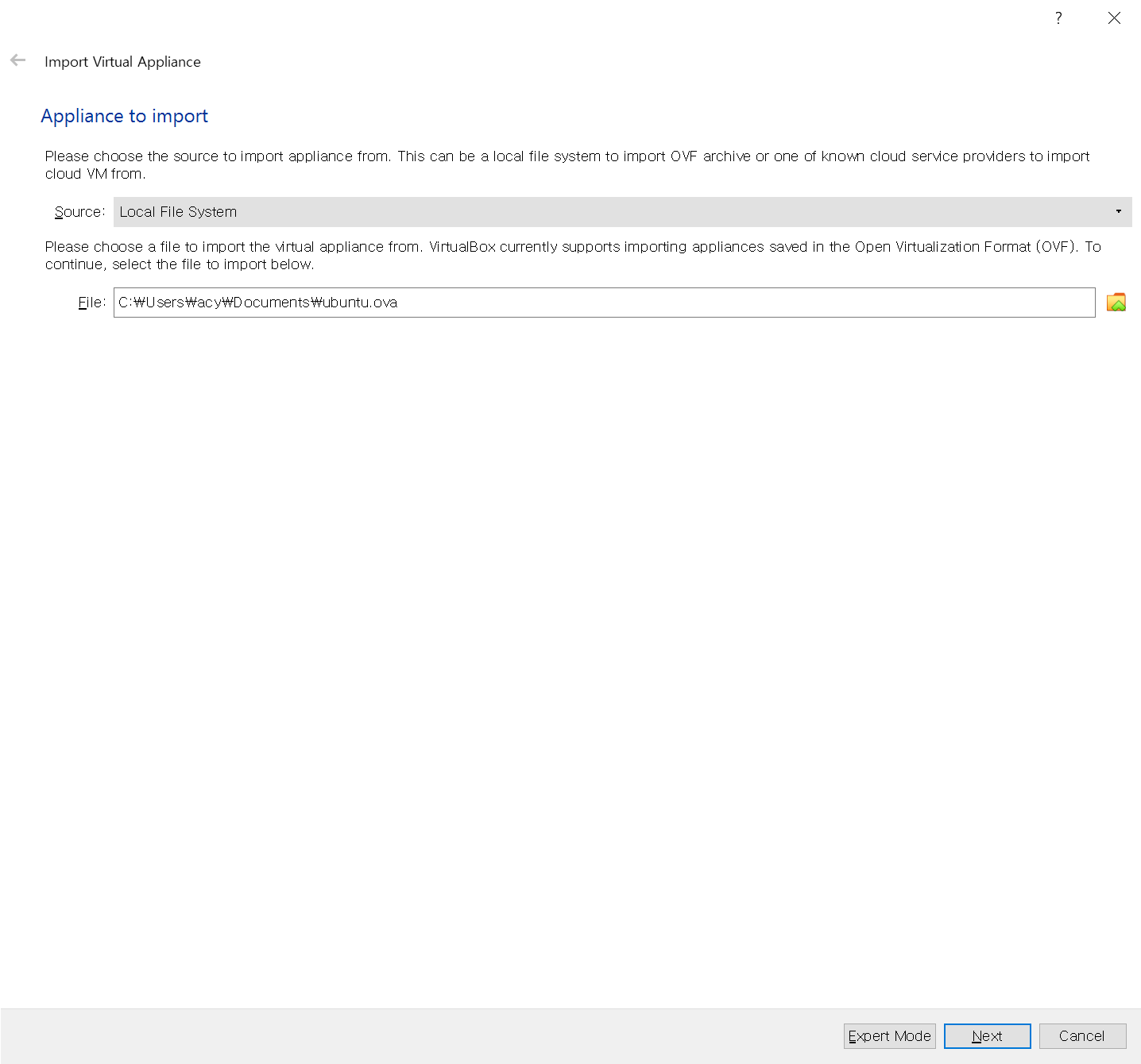 VirtualBox - import vm